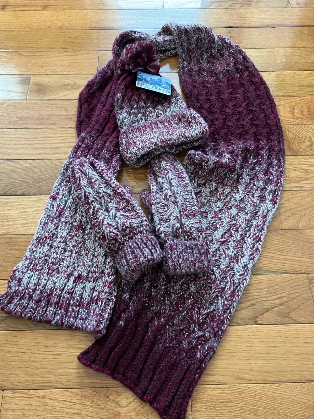 NWT Andorra Gear Set of Red Marled Mittens, Pompom Knit Hat, and Scarf